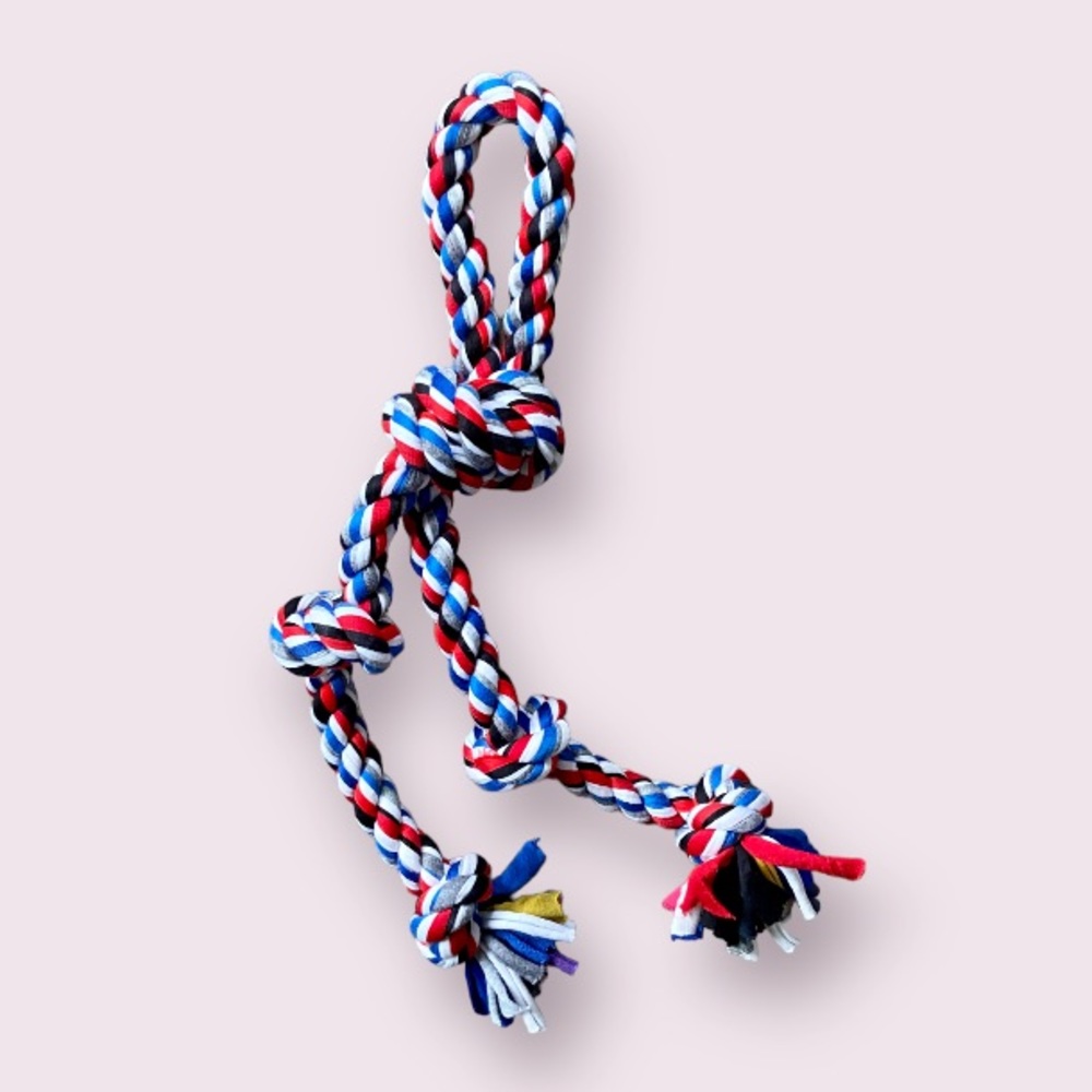 Big 5 Knot Rope Dog Toy with Handle Gip in Red, White, Blue, Black and Gray